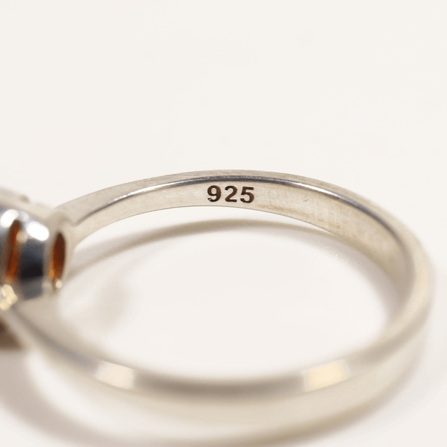 Sterling Silver 925 Minimalist Design Style Small Round Cabochon Cut Orange Baltic Amber Birthstone Gemstone Band Ring Size N - 6 1/2