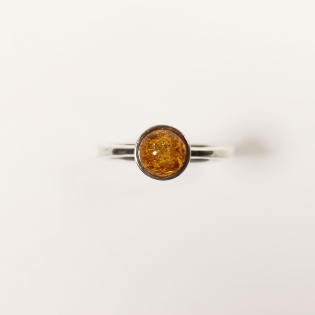 Sterling Silver 925 Minimalist Design Style Small Round Cabochon Cut Orange Baltic Amber Birthstone Gemstone Band Ring Size N - 6 1/2