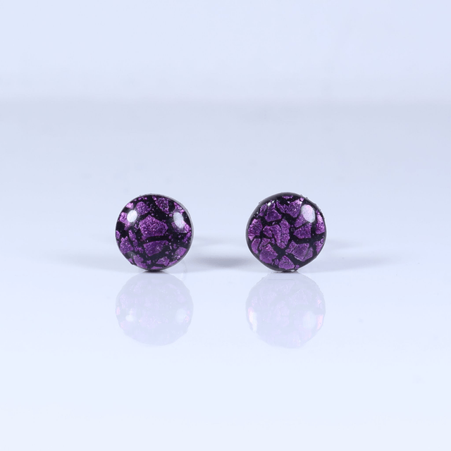 Hypoallergenic Vibrant Electric Cracked Plum Purple Polymer Clay Plastic Rubber Back Stud Earrings With Designer Carbon Fiber Jewellery Box