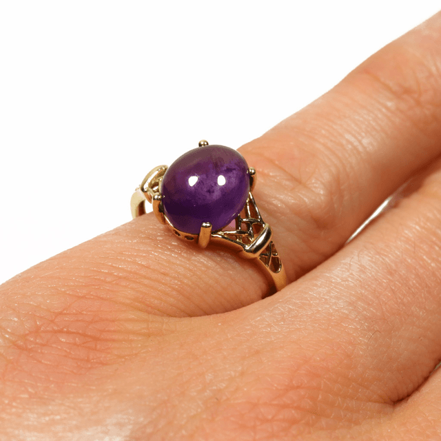 Vintage 9K 9Ct 375 Solid Yellow Gold Oval Cut Cabachon Deep Purple Amethyst Natural Gemstone February Birthstone Ring Size S 1/2 - 9 3/8