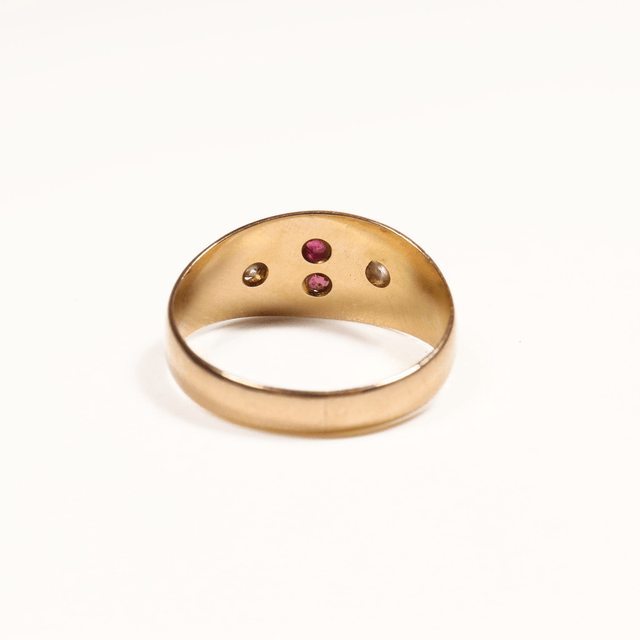 Edwardian Art Nouveau 9K 9Ct 375 Solid Rose Gold Vivid Red Ruby And Old Cut Diamond Natural Gemstone Hand Craved Ring Band Size M - 6