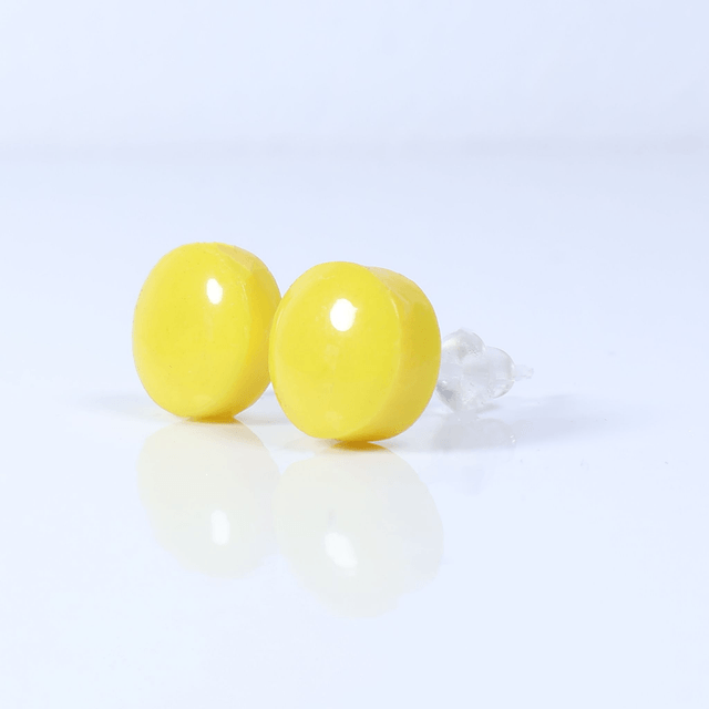 Hypoallergenic 8mm Large Solid Yellow Round Cut Polymer Clay Plastic Back Stud Earrings With Designer Carbon Fiber Jewellery Box