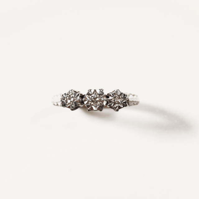 Edwardian 18K 18Ct 750 Solid Yellow Gold Platinum 0.35ct Round Brilliant Diamond Trilogy Natural Gemstone Pave Star Set Ring Size K - 5 1/8