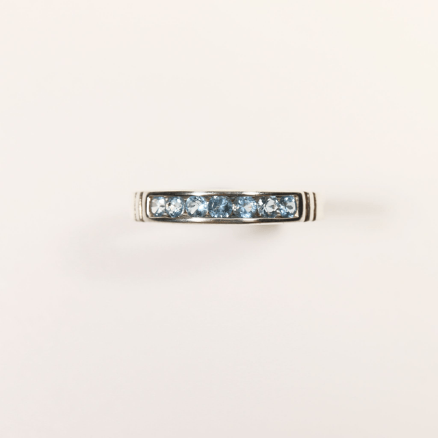 Sterling Silver 925 Minimalist Design Eternity Style Small Round Cut Blue Topaz Birthstone Gemstone Band Ring Size O - 7