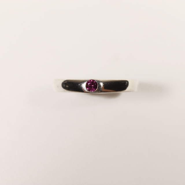 Simple Sterling Silver 925 Minimalist Design Style Small Round Cut Pink Rhodolite Garnet Birthstone Gemstone Band Ring Size O - 7