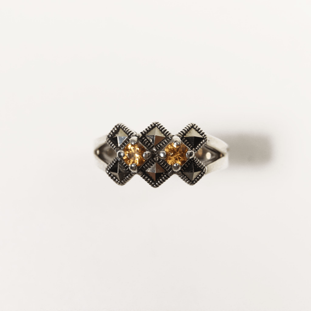Art Deco Style Sterling Silver 925 Orange Round Cut Spessartine Garnet Marcasite January Birthstone Natural Gemstone Design Ring Size O - 7