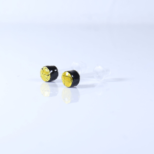 Hypoallergenic Small Vibrant Electric Cracked Yellow Black Polymer Clay Plastic Back Stud Earrings With Designer Carbon Fiber Jewellery Box
