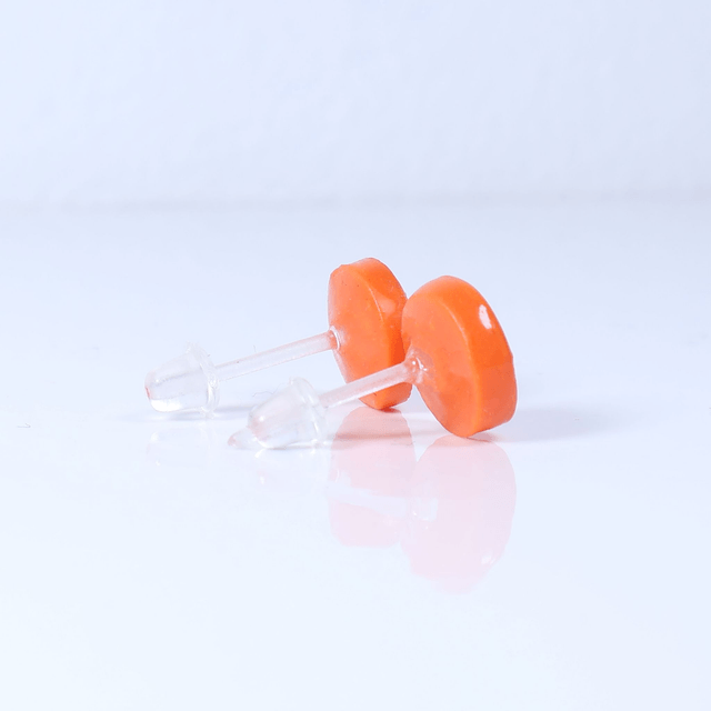 Hypoallergenic 8mm Large Solid Orange Round Cut Polymer Clay Plastic Back Stud Earrings With Designer Carbon Fiber Jewellery Box