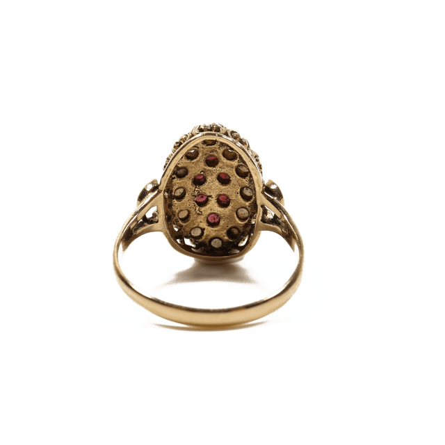 Vintage  9K 9Ct 375 Solid Yellow Gold Round Cut Red Garnet and Small Freshwater Pearl Natural Gemstone Ring Size N - 6 1/2