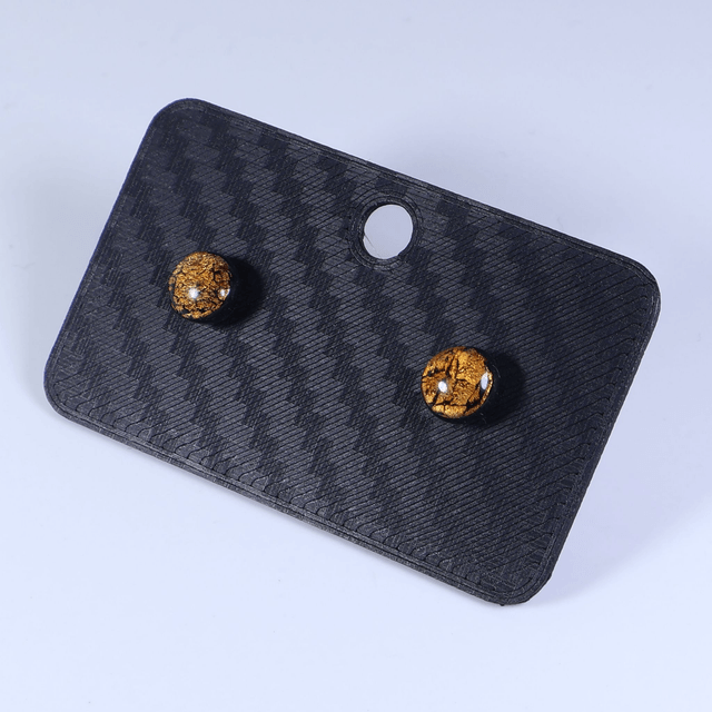Hypoallergenic Vibrant Electric Cracked Orange Black Polymer Clay Plastic Rubber Back Stud Earrings With Designer Carbon Fiber Jewellery Box