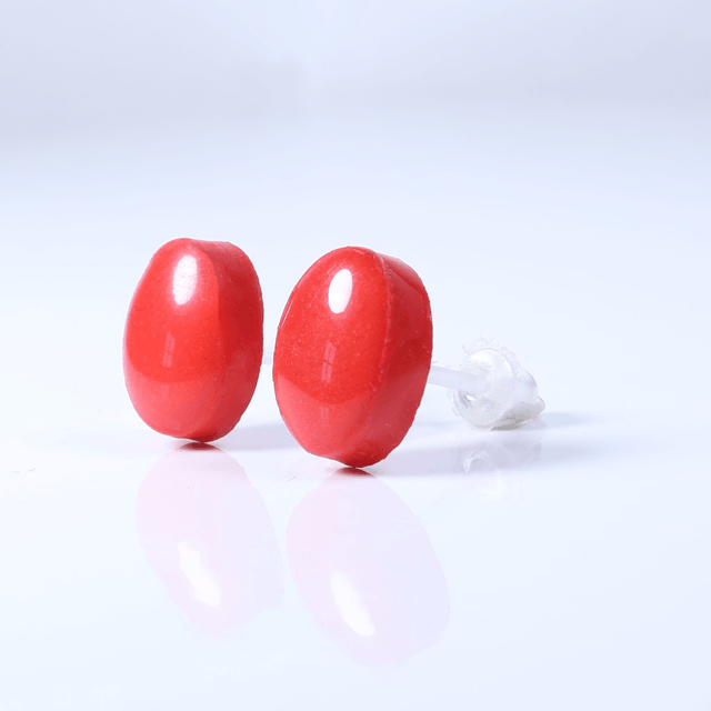 Hypoallergenic Solid Strawberry Red Oval Cut Polymer Clay Plastic Back Stud Earrings With Designer Carbon Fiber Jewellery Box