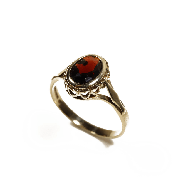 Vintage 9K 9Ct 375 Solid Yellow Gold 1.00ct Oval Cut Red Garnet January Natural Gemstone Love Heart Bezel Set Design Ring Size O - 7