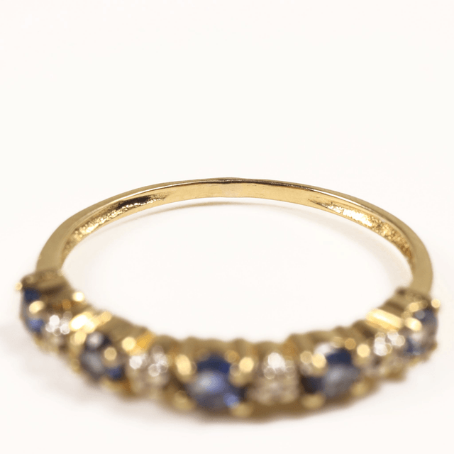 Vintage 9K 9Ct 375 Solid Yellow Gold Vivid Round Cut Blue Sapphire And Diamond Eternity Natural Gemstone Wedding Band Ring Size N - 6 1/2