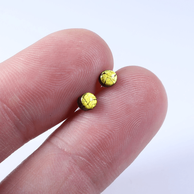 Hypoallergenic Small Vibrant Electric Cracked Yellow Black Polymer Clay Plastic Back Stud Earrings With Designer Carbon Fiber Jewellery Box