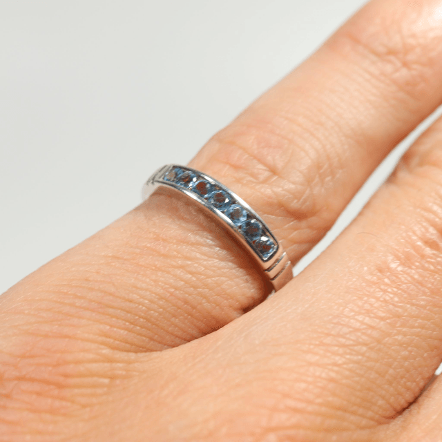 Sterling Silver 925 Minimalist Design Eternity Style Small Round Cut Blue Topaz Birthstone Gemstone Band Ring Size O - 7