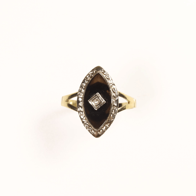 Vintage 14K 14Ct 585 Solid Yellow Gold Handcarved Detailed Platinum Marquise Cut Black Onyx Diamond Natural Gemstone Ring Size K - 5 1/8