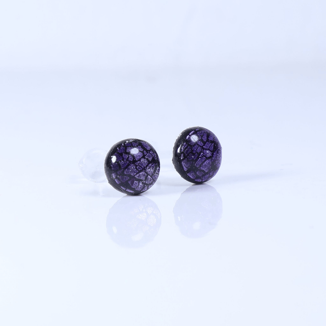 Hypoallergenic Vibrant Electric Cracked Lavender Purple Polymer Clay Plastic Back Stud Earrings With Designer Carbon Fiber Jewellery Box