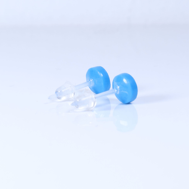 Hypoallergenic 6mm Medium Solid Blue Round Cut Polymer Clay Plastic Back Stud Earrings With Designer Carbon Fiber Jewellery Box