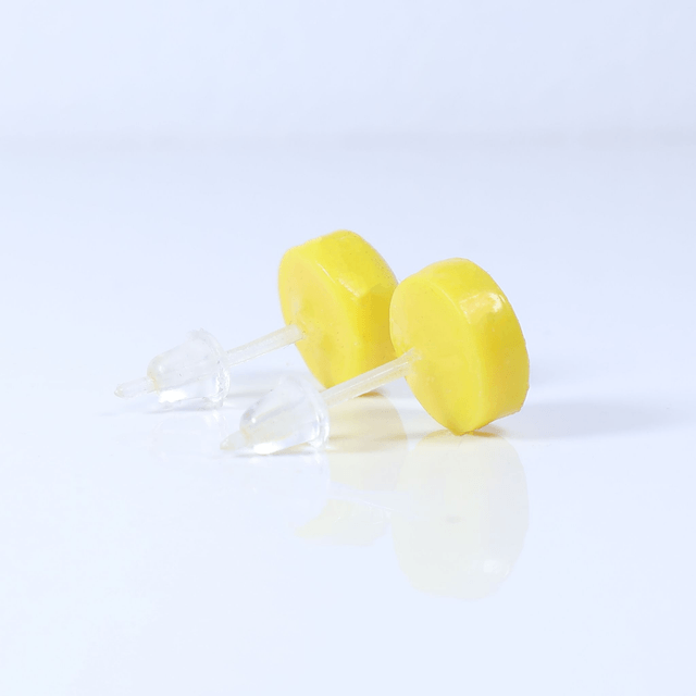 Hypoallergenic 8mm Large Solid Yellow Round Cut Polymer Clay Plastic Back Stud Earrings With Designer Carbon Fiber Jewellery Box