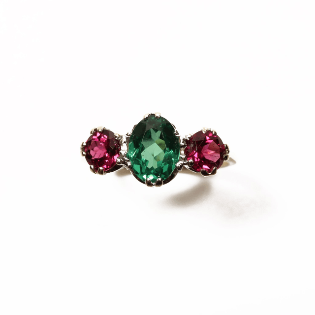 Vintage 9K 9Ct 375 Solid Yellow Gold Three Stone Trilogy Oval Round Cut Green Indicolite Pink Rubellite Tourmaline Ring Size P - 7 1/2