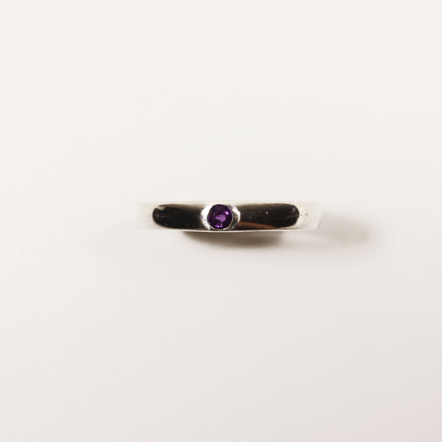 Simple Sterling Silver 925 Minimalist Design Style Small Round Cut Purple Amethyst Birthstone Gemstone Band Ring Size O - 7