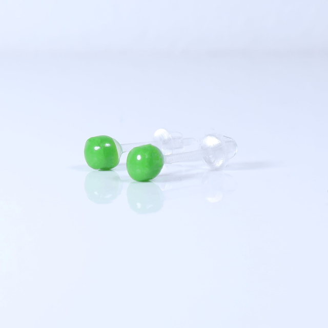 Hypoallergenic 3mm Small Solid Green Round Cut Polymer Clay Plastic Back Stud Earrings With Designer Carbon Fiber Jewellery Box
