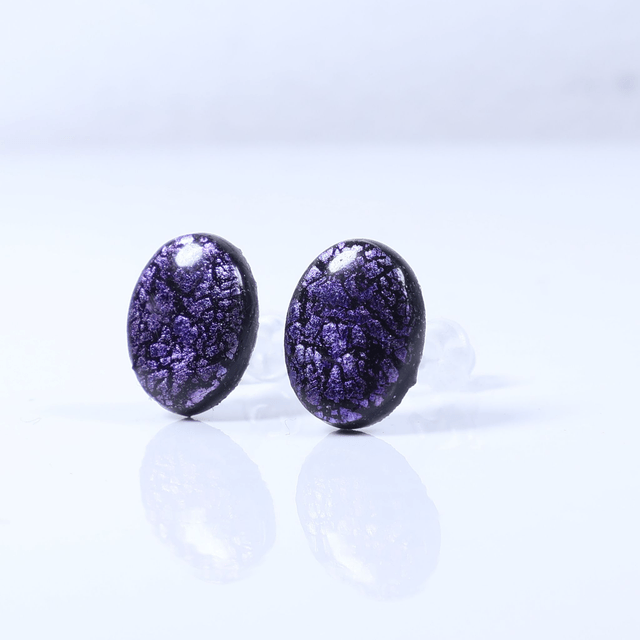 Hypoallergenic Vibrant Electric Cracked Purple Oval Cut Polymer Clay Plastic Back Stud Earrings With Designer Carbon Fiber Jewellery Box
