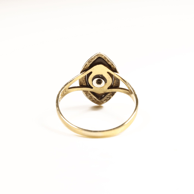Vintage 14K 14Ct 585 Solid Yellow Gold Handcarved Detailed Platinum Marquise Cut Black Onyx Diamond Natural Gemstone Ring Size K - 5 1/8