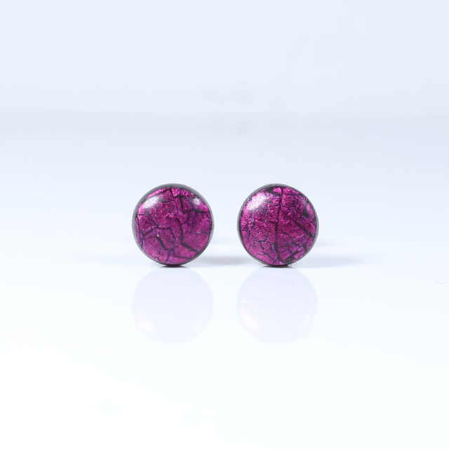 Hypoallergenic Vibrant Electric Cracked Pink Black Polymer Clay Plastic Rubber Back Stud Earrings With Designer Carbon Fiber Jewellery Box