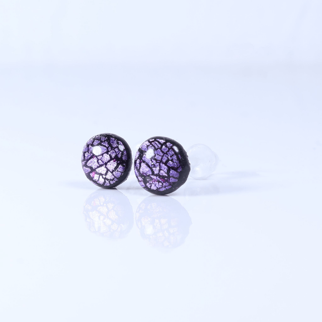 Hypoallergenic Vibrant Electric Cracked Lavender Purple Polymer Clay Plastic Back Stud Earrings With Designer Carbon Fiber Jewellery Box