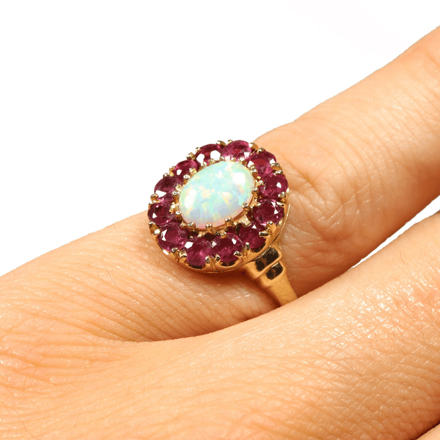 Vintage 9K 9Ct 375 Solid Yellow Gold Oval Firey Rainbow Flash Cabochon Opal Red Ruby Claw Set Halo Design Ring Size N - 6 1/2
