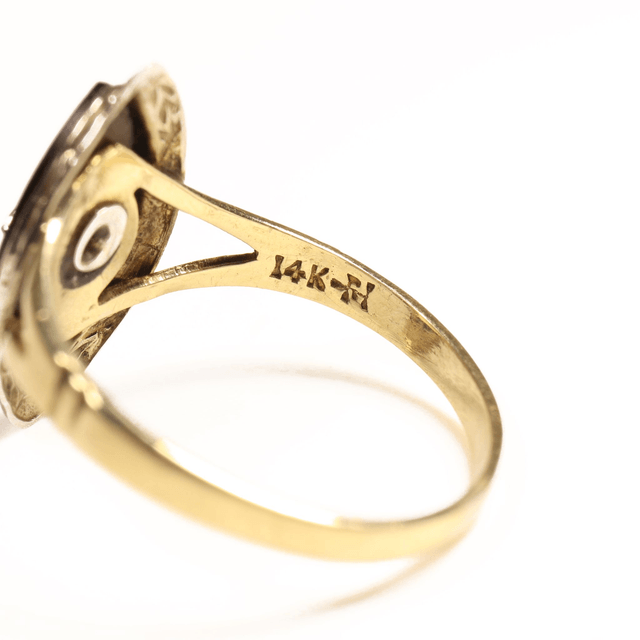 Vintage 14K 14Ct 585 Solid Yellow Gold Handcarved Detailed Platinum Marquise Cut Black Onyx Diamond Natural Gemstone Ring Size K - 5 1/8