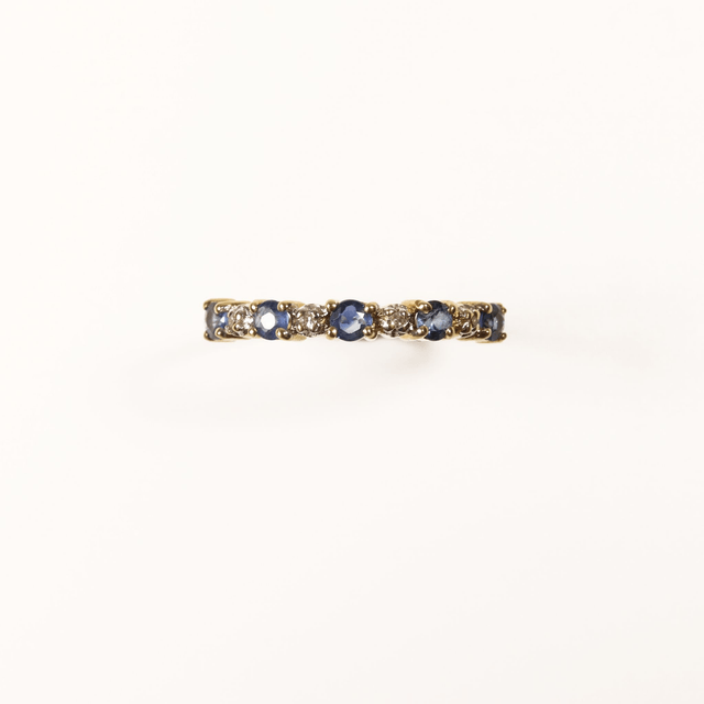 Vintage 9K 9Ct 375 Solid Yellow Gold Vivid Round Cut Blue Sapphire And Diamond Eternity Natural Gemstone Wedding Band Ring Size N - 6 1/2