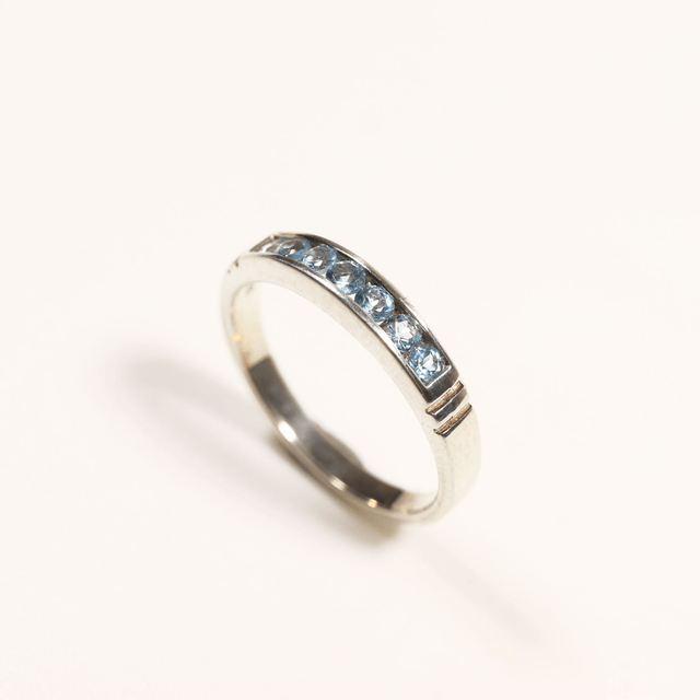 Sterling Silver 925 Minimalist Design Eternity Style Small Round Cut Blue Topaz Birthstone Gemstone Band Ring Size O - 7