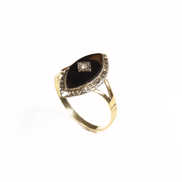 Vintage 14K 14Ct 585 Solid Yellow Gold Handcarved Detailed Platinum Marquise Cut Black Onyx Diamond Natural Gemstone Ring Size K - 5 1/8