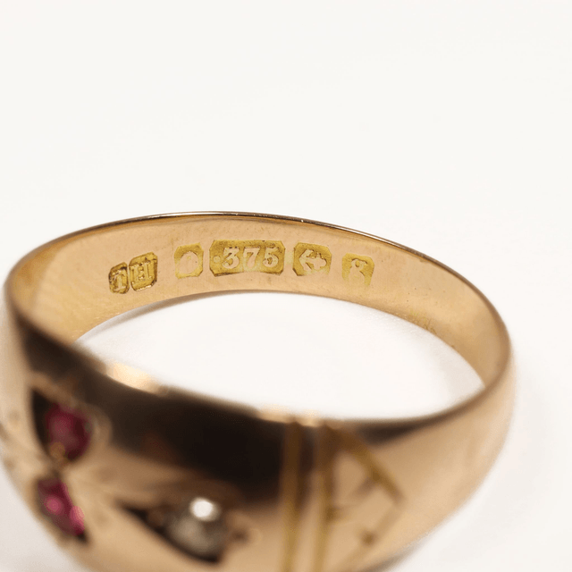 Edwardian Art Nouveau 9K 9Ct 375 Solid Rose Gold Vivid Red Ruby And Old Cut Diamond Natural Gemstone Hand Craved Ring Band Size M - 6