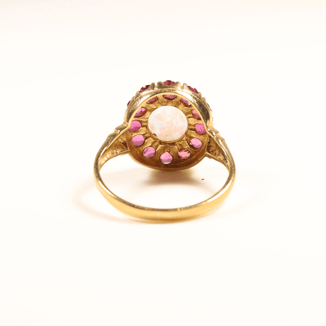 Vintage 9K 9Ct 375 Solid Yellow Gold Oval Firey Rainbow Flash Cabochon Opal Red Ruby Claw Set Halo Design Ring Size N - 6 1/2
