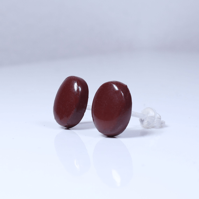 Hypoallergenic Solid Chocolate Brown Oval Cut Polymer Clay Plastic Back Stud Earrings With Designer Carbon Fiber Jewellery Box