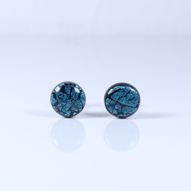 Hypoallergenic Vibrant Electric Cracked Teal Black Polymer Clay Plastic Rubber Back Stud Earrings With Designer Carbon Fiber Jewellery Box