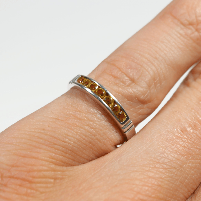 Sterling Silver 925 Minimalist Design Eternity Style Small Round Cut Yellow Citrine Birthstone Gemstone Band Ring Size O - 7