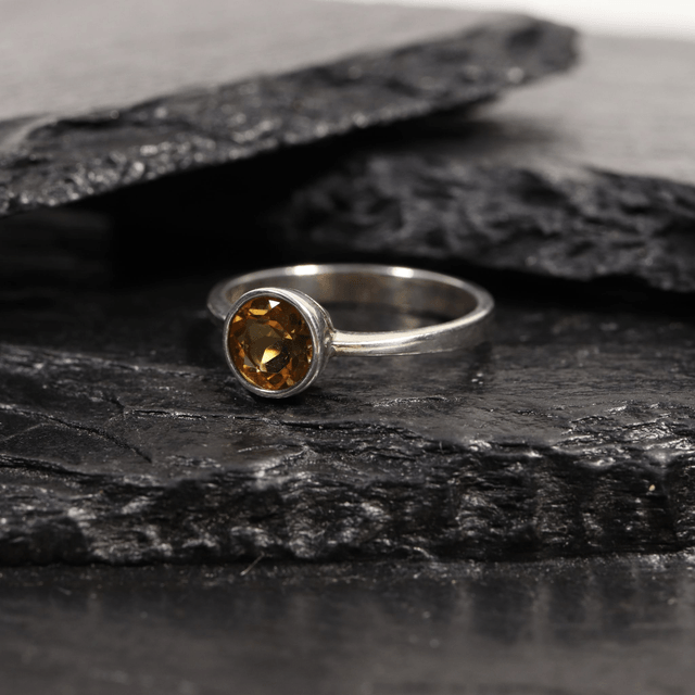Sterling Silver 925 Minimalist Modern Design Band Round Cut Vivid Oramge Citrine Gemstone Birthstone Ring Size N - 6 1/2