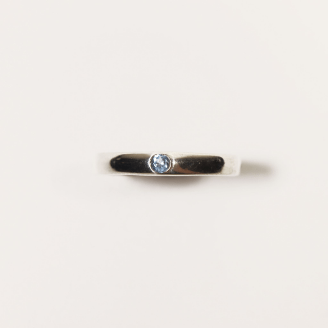Simple Sterling Silver 925 Minimalist Design Style Small Round Cut Blue Topaz Birthstone Gemstone Band Ring Size O - 7