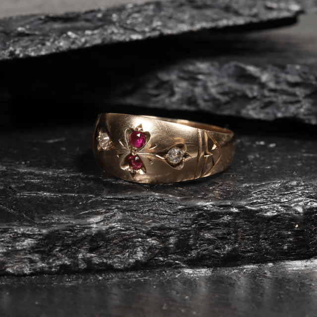 Edwardian Art Nouveau 9K 9Ct 375 Solid Rose Gold Vivid Red Ruby And Old Cut Diamond Natural Gemstone Hand Craved Ring Band Size M - 6