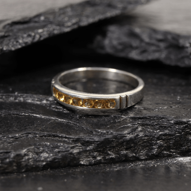 Sterling Silver 925 Minimalist Design Eternity Style Small Round Cut Yellow Citrine Birthstone Gemstone Band Ring Size O - 7