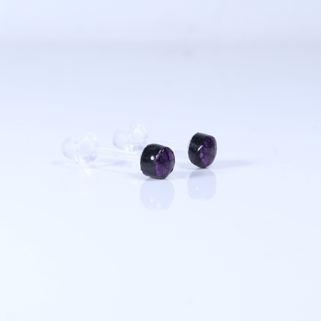Hypoallergenic Small Electric Cracked Plum Purple Black Polymer Clay Plastic Back Stud Earrings With Designer Carbon Fiber Jewellery Box