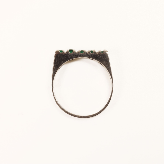 Vintage 18Ct 18K 750 Solid White Gold Five Round Cut Natural Emerald  0.25ct Gemstone Modern Simple Signet Style Ring Size M - 6