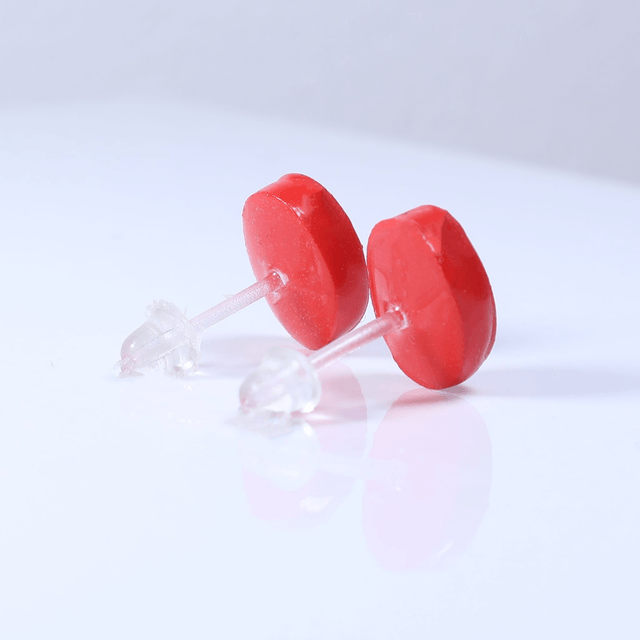 Hypoallergenic Solid Strawberry Red Oval Cut Polymer Clay Plastic Back Stud Earrings With Designer Carbon Fiber Jewellery Box