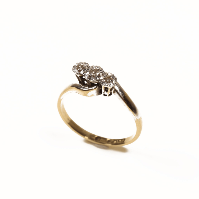 Edwardian 18K 18Ct 750 Solid Yellow Gold Platinum Three White Trilogy Round Cut Natural Diamond Wedding Engagement Ring Size M 1/2 - 6 1/4