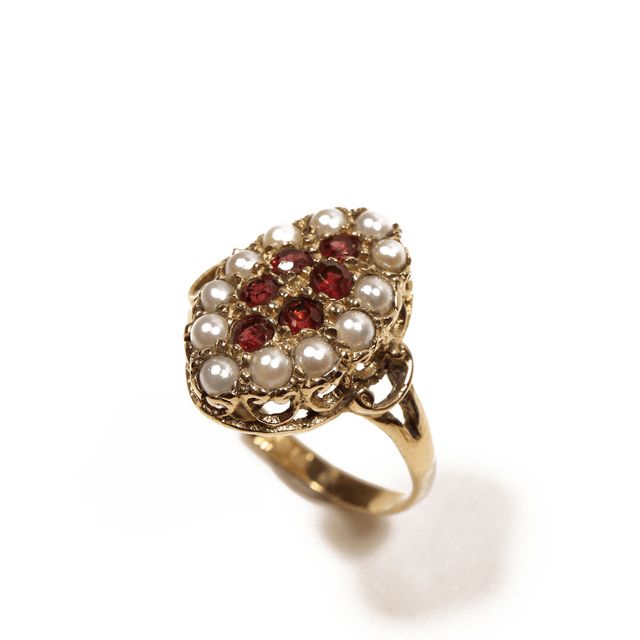 Vintage  9K 9Ct 375 Solid Yellow Gold Round Cut Red Garnet and Small Freshwater Pearl Natural Gemstone Ring Size N - 6 1/2