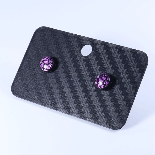 Hypoallergenic Vibrant Electric Cracked Plum Purple Polymer Clay Plastic Rubber Back Stud Earrings With Designer Carbon Fiber Jewellery Box